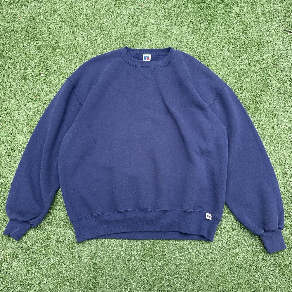 Vintage Russell Athletic Made in USA Navy Crewneck Sweatshirt XL 90s Blank
